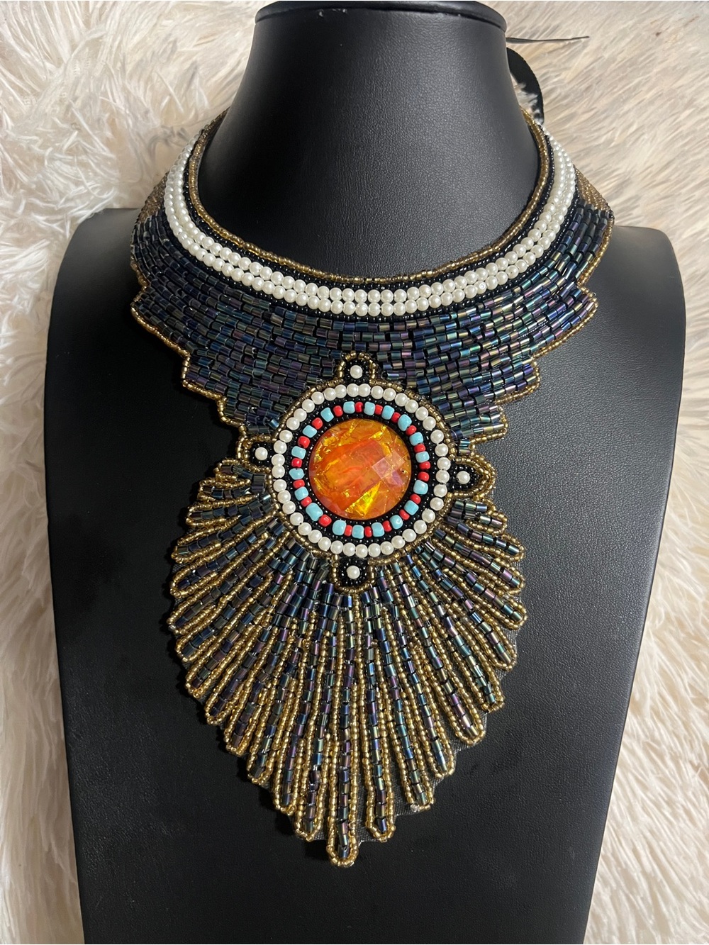 Handmade Beaded Statement Necklace in Black, Gold & Orange